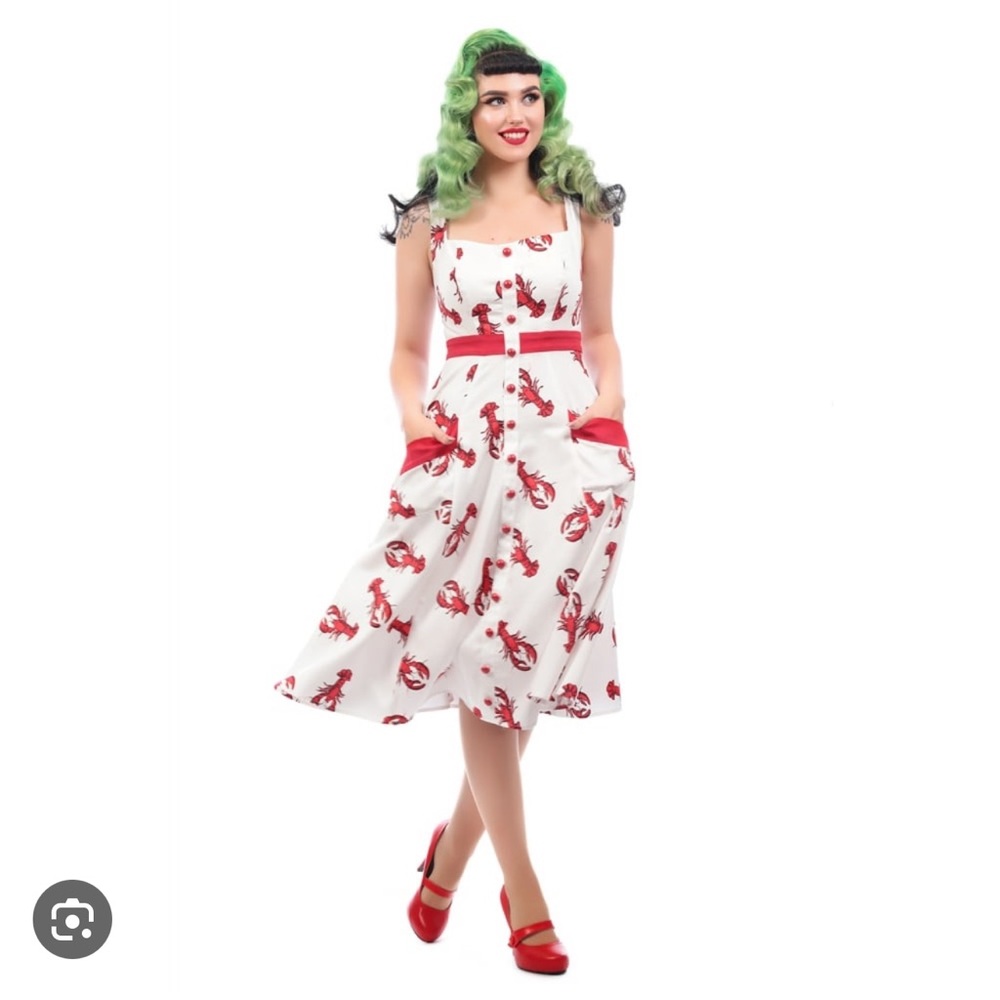 White and Red Lobster Print Swing Dress